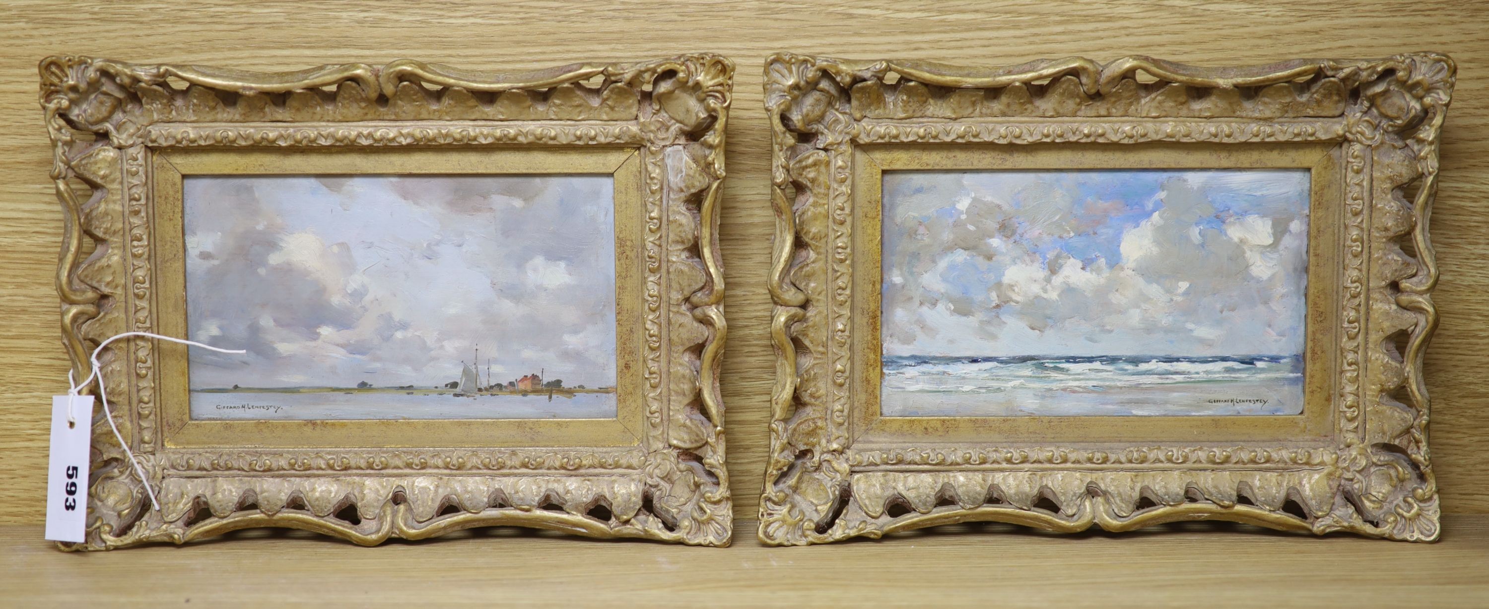 Giffard Hocart Lenfestey (1872-1943), pair of oils on board, Coastal scenes, 12 x 21cm